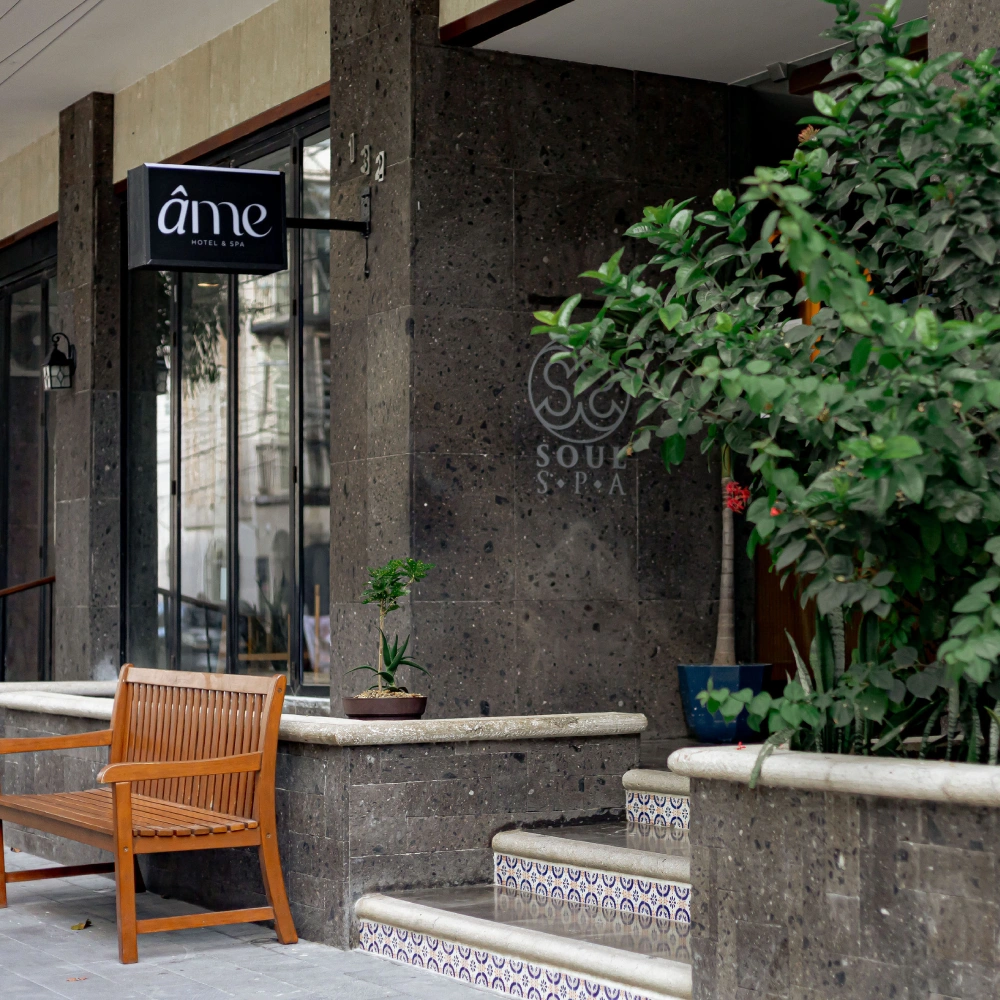 Hotel entrance with sign "love", dark stone and plants in pots