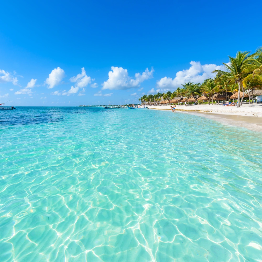 Tropical beach with palm trees, turquoise waters, and blue sky with clouds.